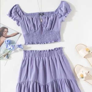 Ruched Bust Shirred Crop Top & Paperbag Waist Ruffle Hem Skirt Set